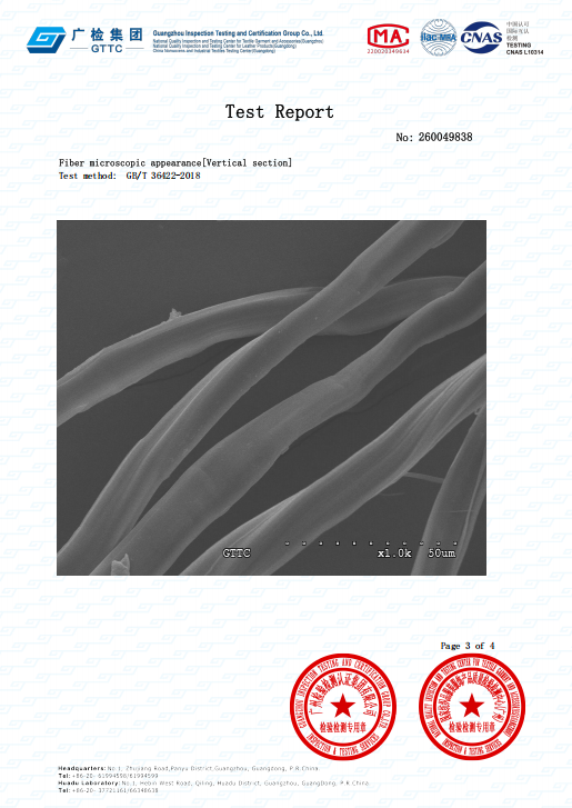 GTTC silk report page showing longitudinal SEM section of DOCSUN mulberry silk