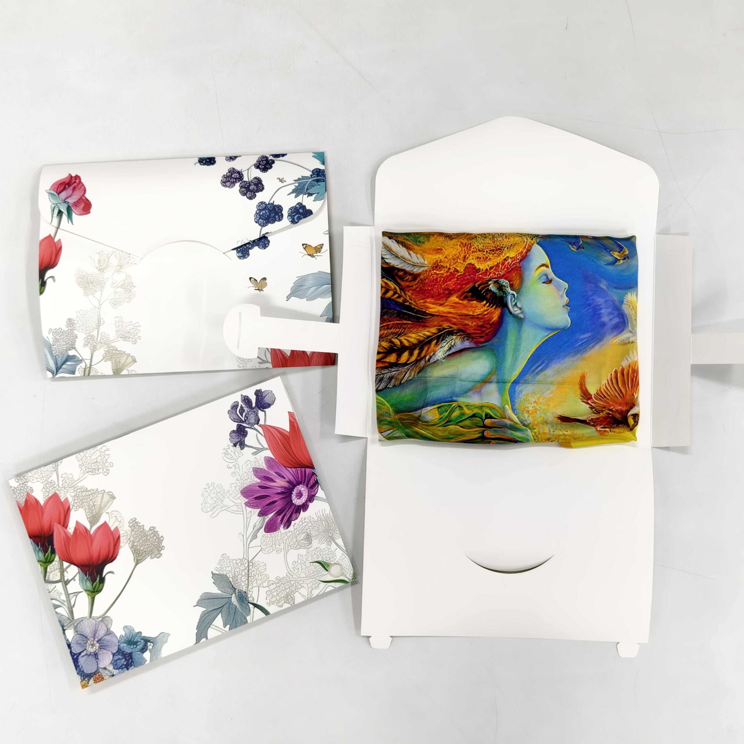 White envelope style paper box packaging for custom silk scarf gift presentation