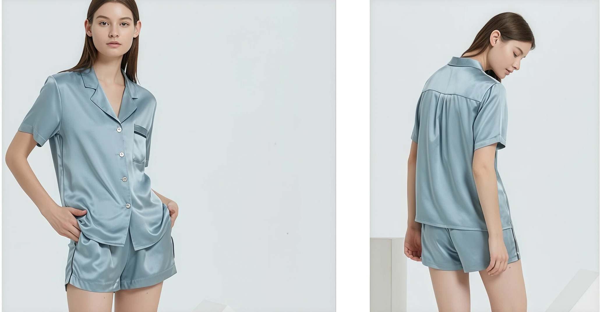 Classic short sleeve silk pajama set with piping for OEM production