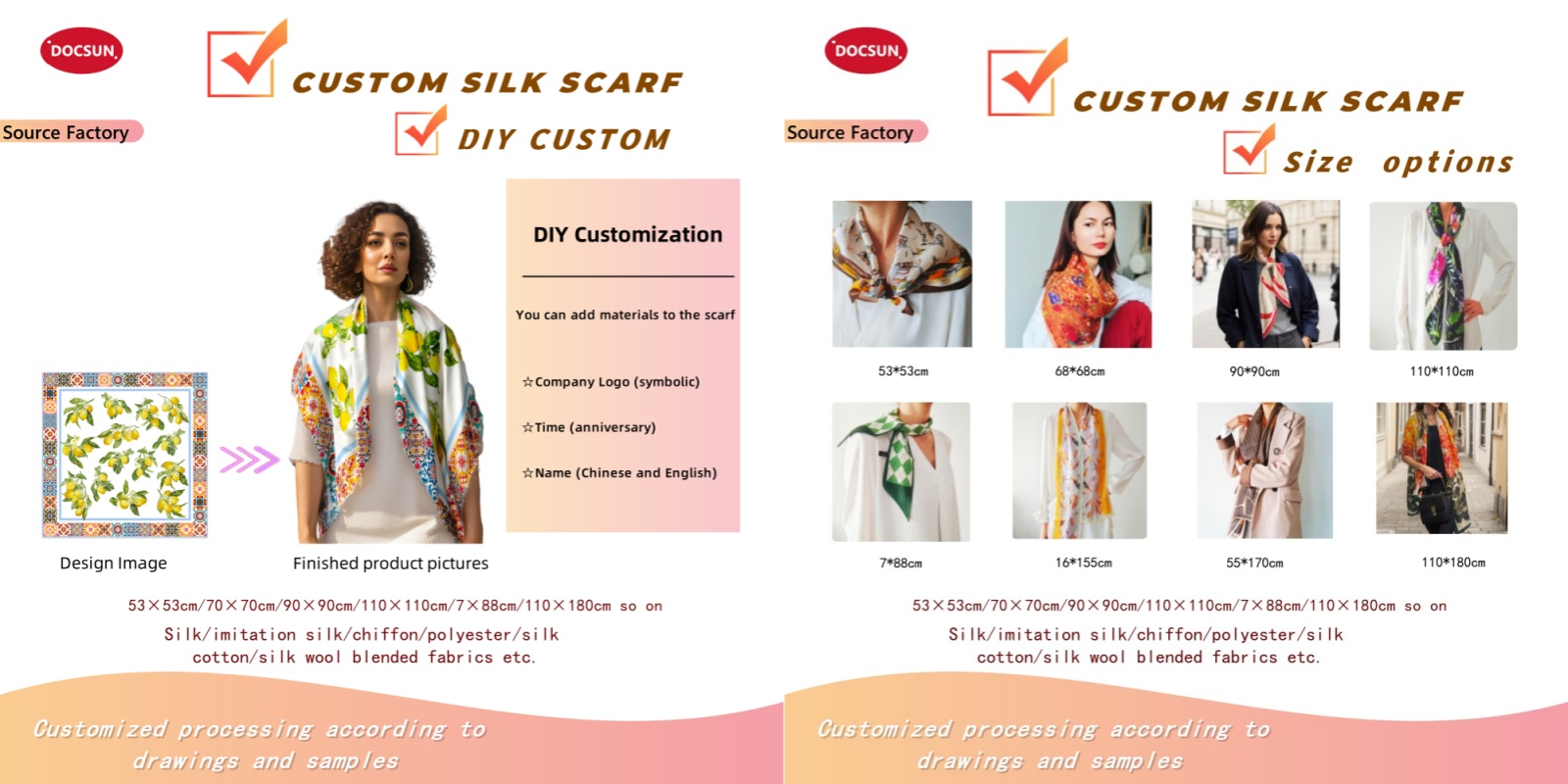 Custom designed silk scarves in different colors and printed patterns