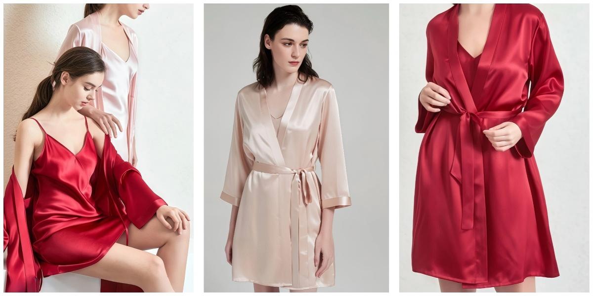 DOCSUN women's custom silk kimono robe samples in nude, burgundy and pink