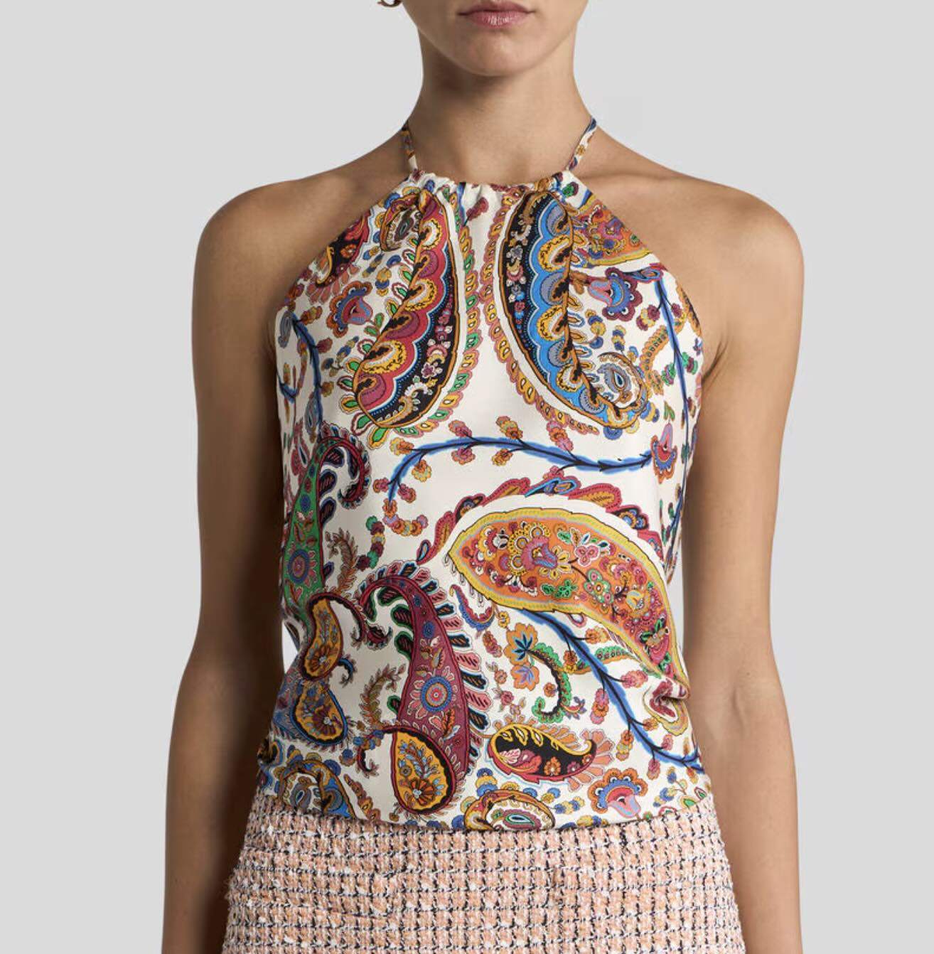 ETRO silk twill bandana top using vibrant paisley motifs and contrasting borders