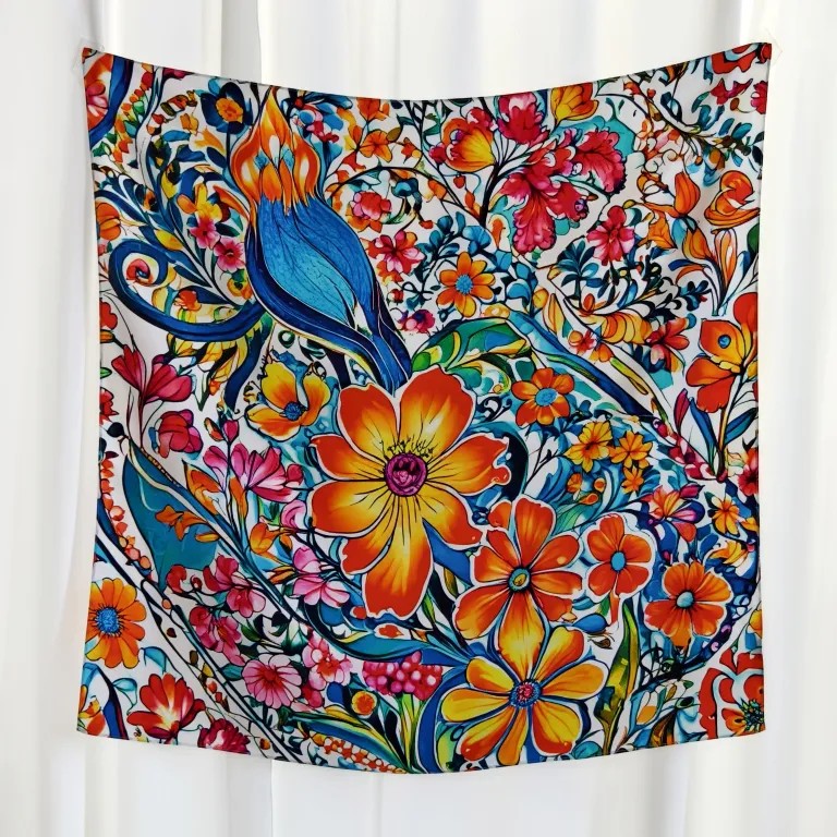 Floral mulberry silk scarf showing satin-like luster and elegant print design