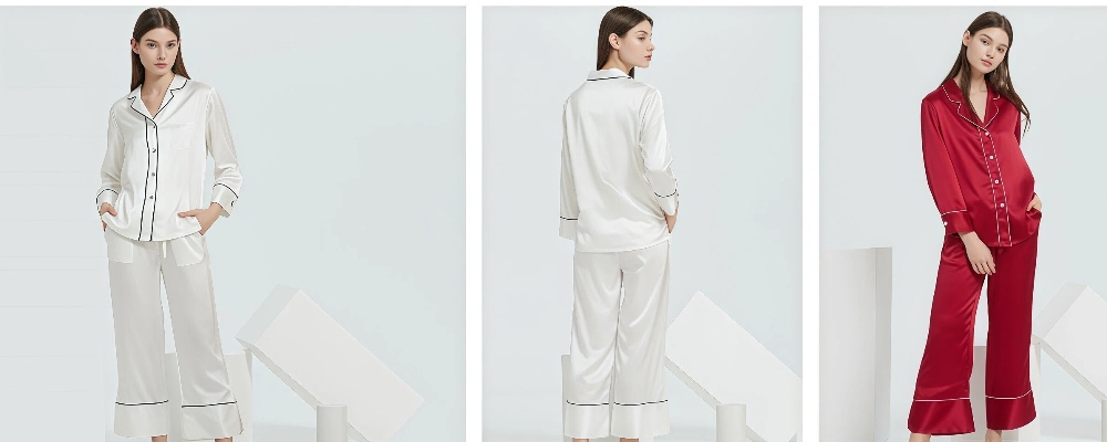 Double piping long silk pajama set with premium collar and placket details