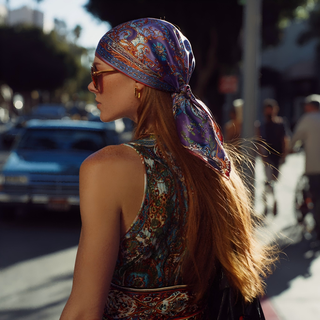 A beautiful woman wearing a 100% Mulberry Silk scarf with vintage patterns, styling it as a headscarf in urban sunlight.