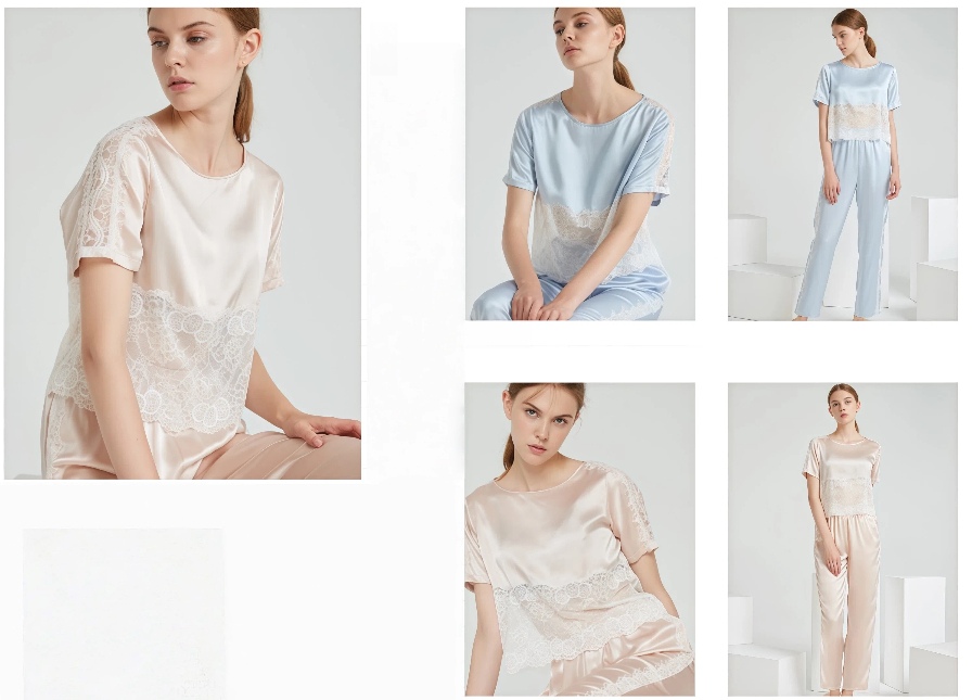 Short sleeve long silk pajama set with lace panel construction