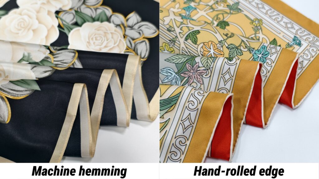 A comparison shot of silk scarf finishes: Machine hemming showing precise stitching vs. Hand-rolled edge showing luxury craftsmanship.