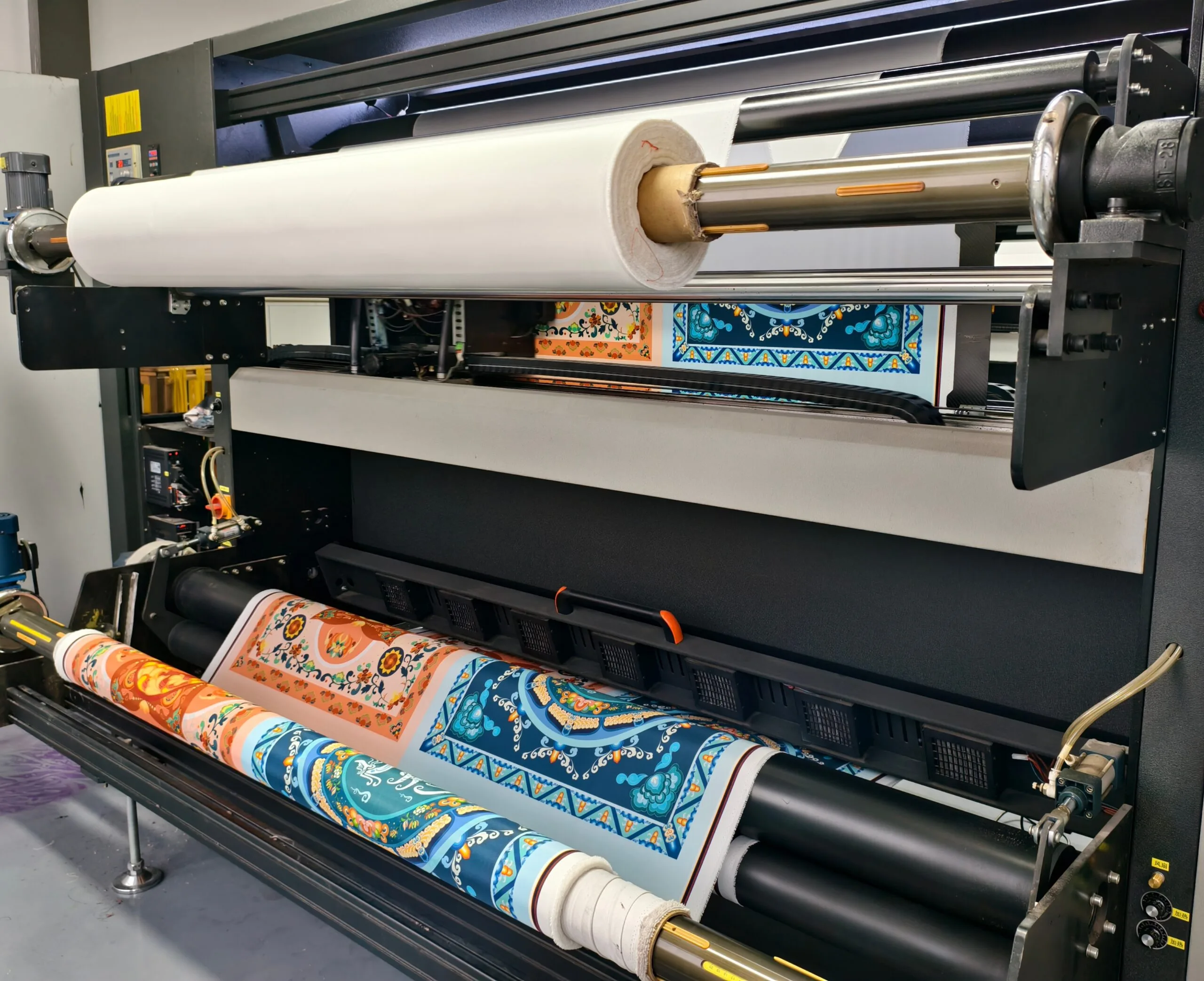 Industrial double-sided textile printing machine producing custom scarf artwork