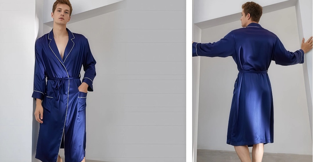 DOCSUN men's blue custom silk lapel-collar robe