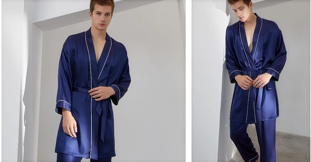 DOCSUN men's blue custom silk robe with straight collar