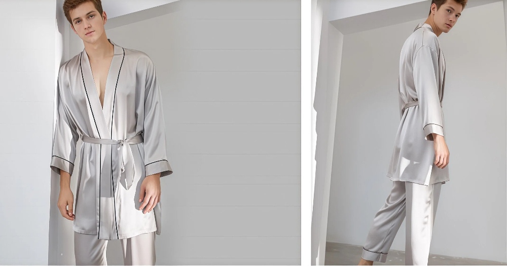 Mens silk kimono robe set with contrast piping for OEM loungewear production