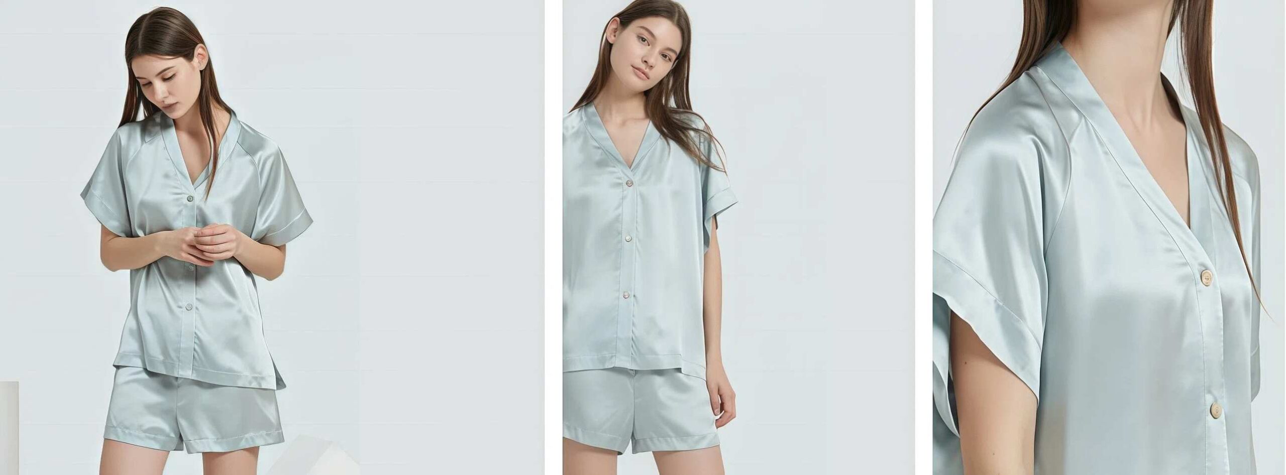 Raglan sleeve V-neck silk shorts set for diverse shoulder widths