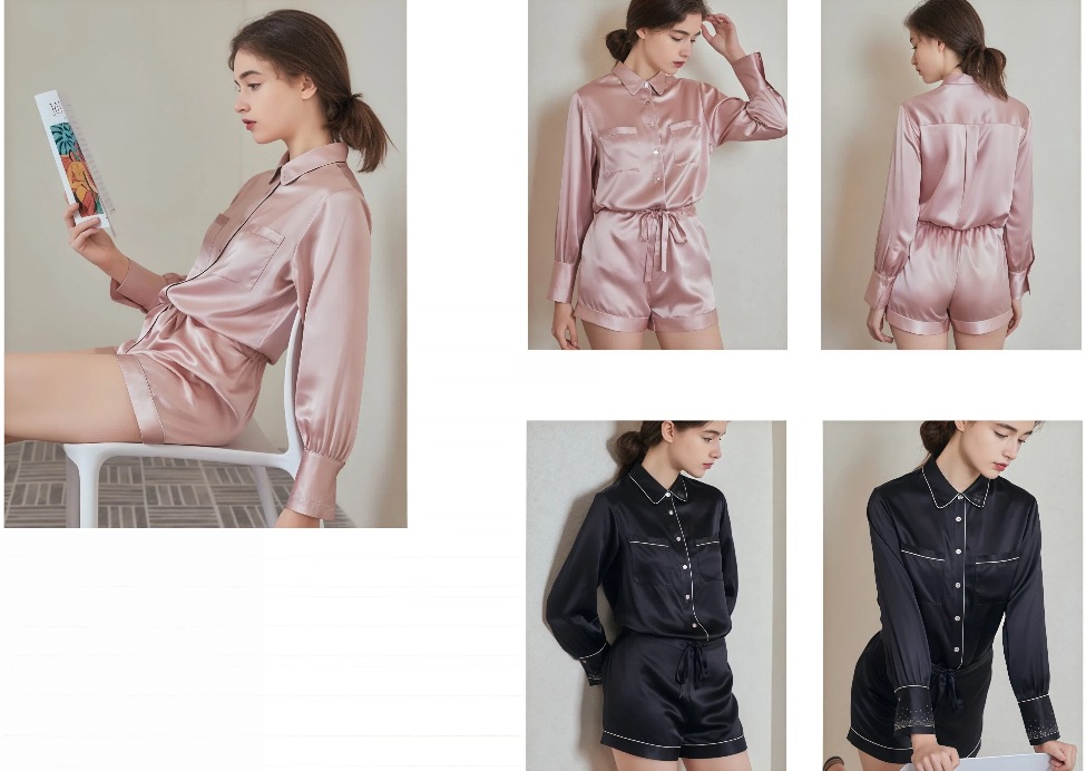 Rhinestone embellished long sleeve silk pajama shorts set