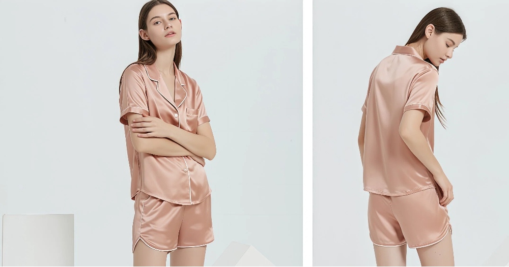 Notched collar silk short sleeve shorts set with pockets and curved hem