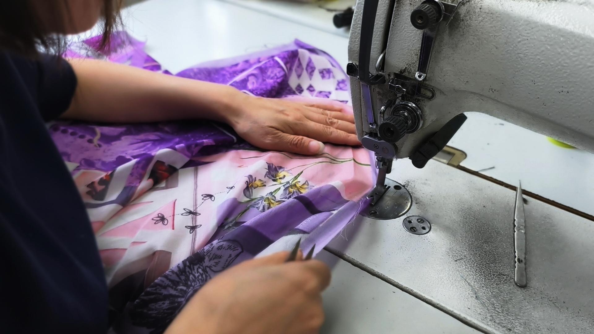Machine hemming craftsmanship for custom silk scarf edge finishing