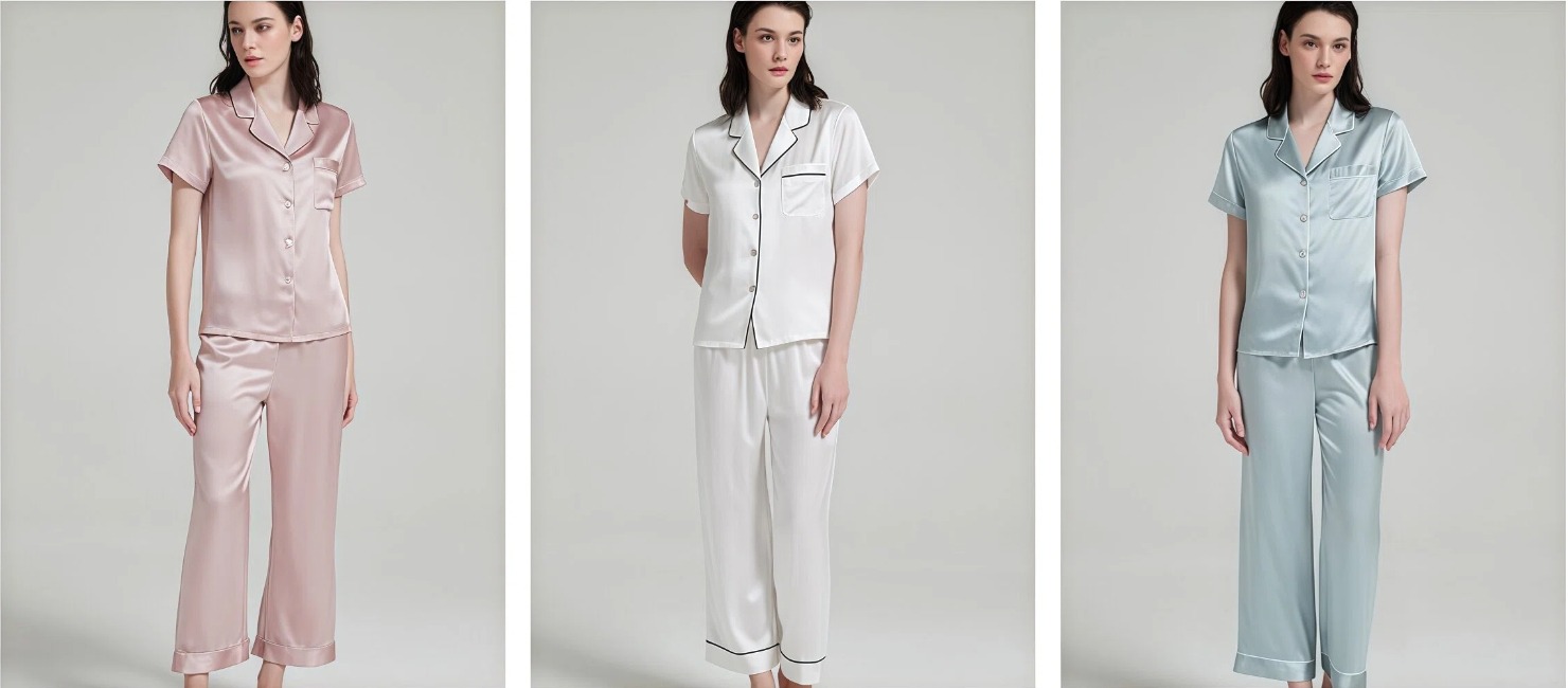 Restrained classic silk short sleeve and long trouser set