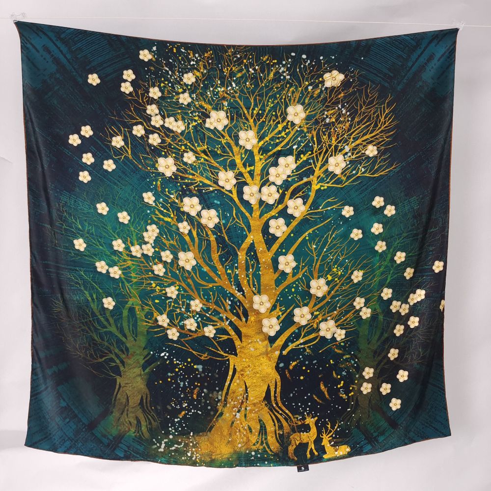 Tree print custom silk scarf showing detailed artwork and color on mulberry silk