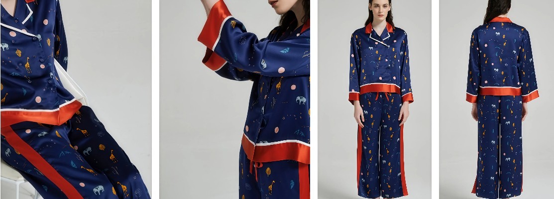 Bold printed long sleeve silk pajama set with wide contrast piping