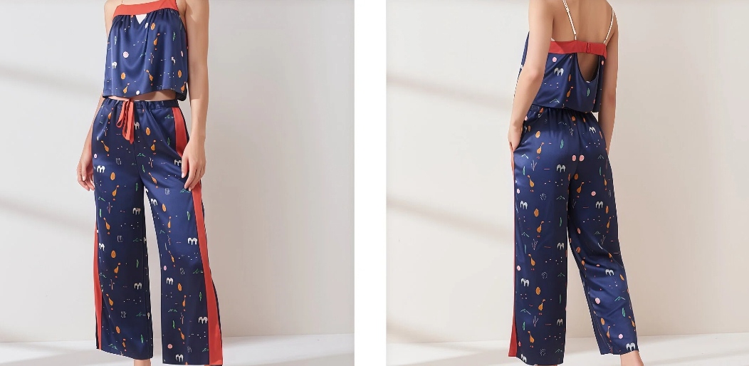 Printed silk camisole and wide-leg pants set for private label sleepwear
