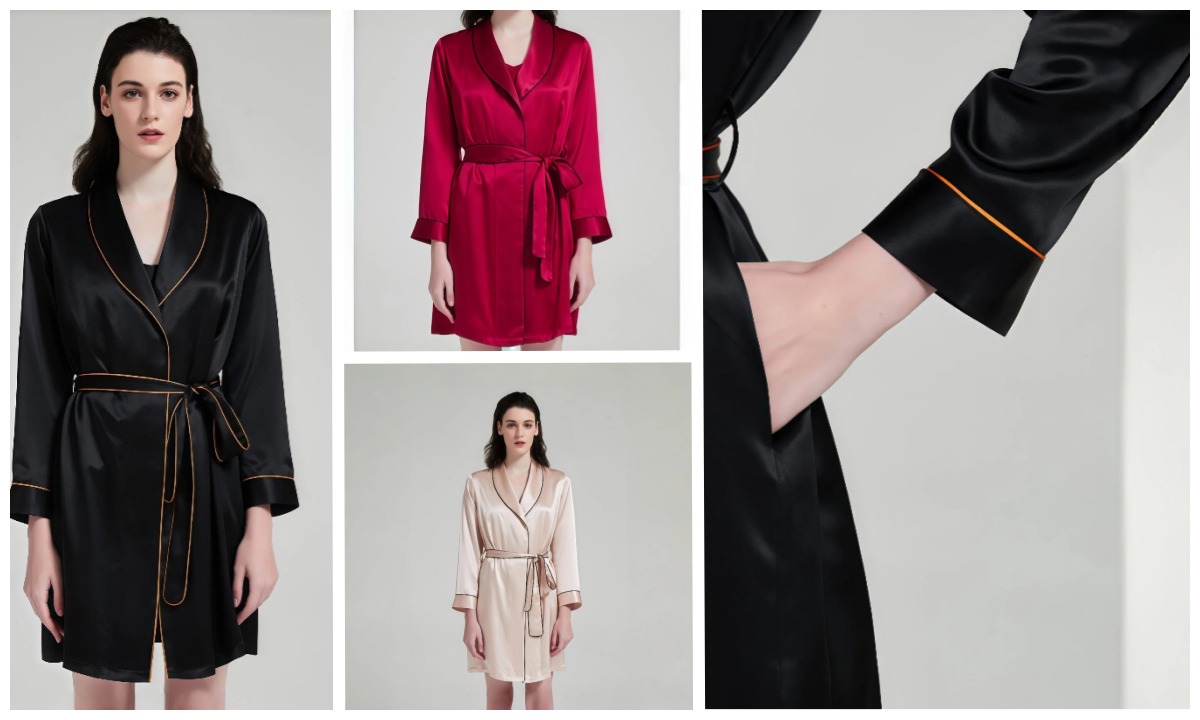 DOCSUN women's custom shawl-collar silk robe with belt and piping