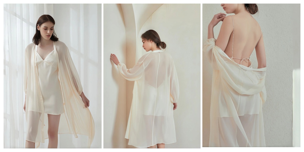 DOCSUN white georgette robe and silk sleepwear set reference