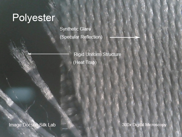 Digital microscopy of polyester synthetic fiber showing specular reflection