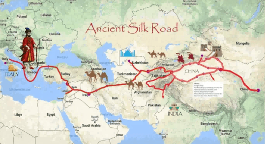 An illustrated world map from Italy to China titled "Ancient Silk Road", featuring a red route with icons of explorers, camel caravans, and the Great Wall