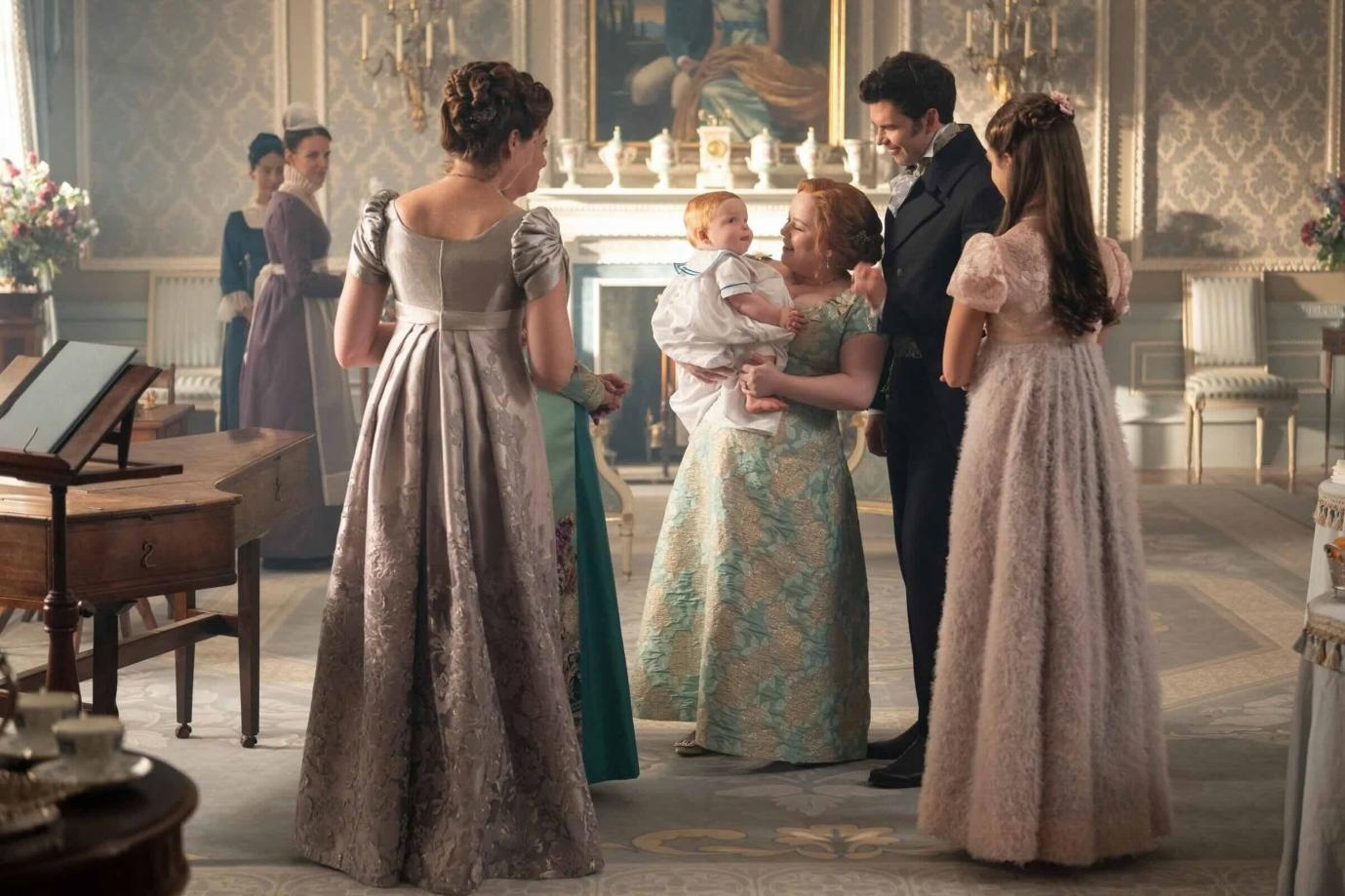 Regency-inspired pastel dress styling with silk gauze influence