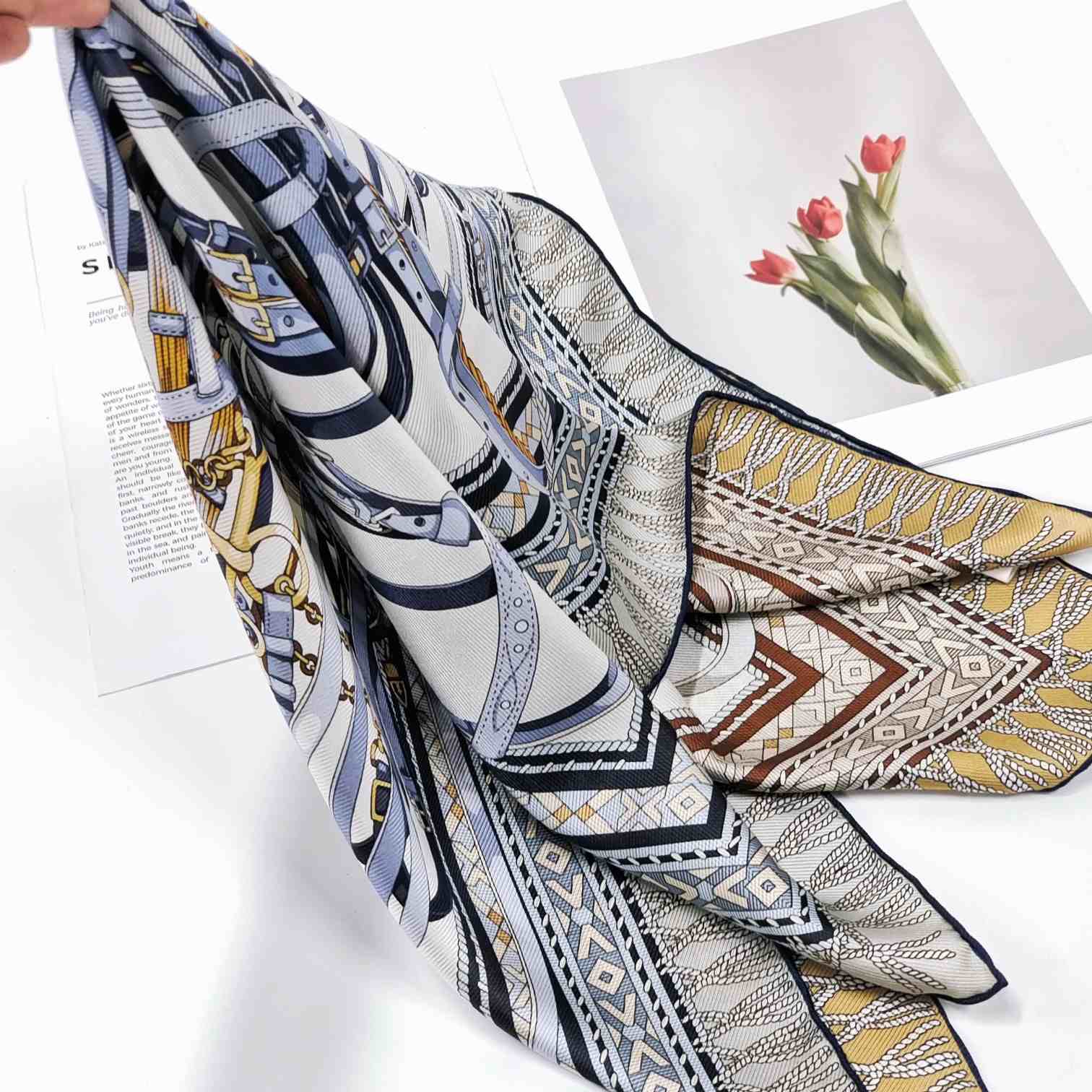 Luxury 53 cm silk scarf showing premium fabric surface for logo printed scarf manufacturing