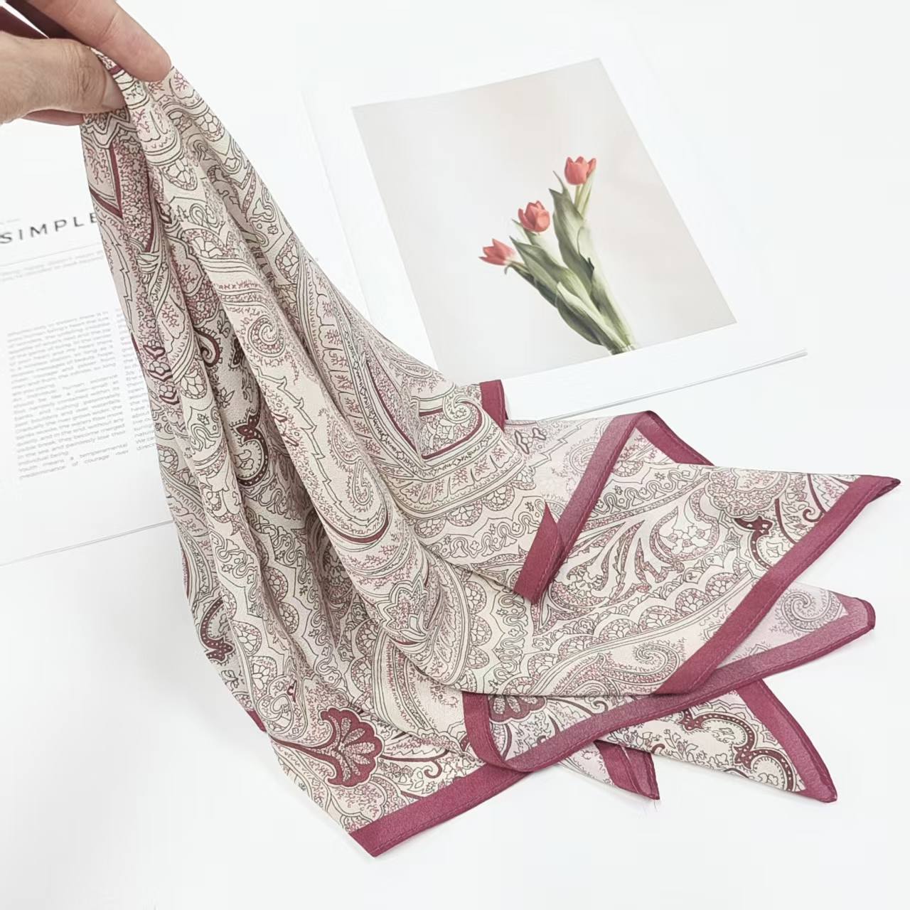 Styled 53 cm silk scarves showing wearable options for custom logo scarf collections