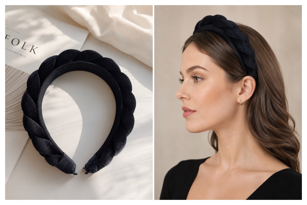 Black braided custom hair band with textured fashion styling