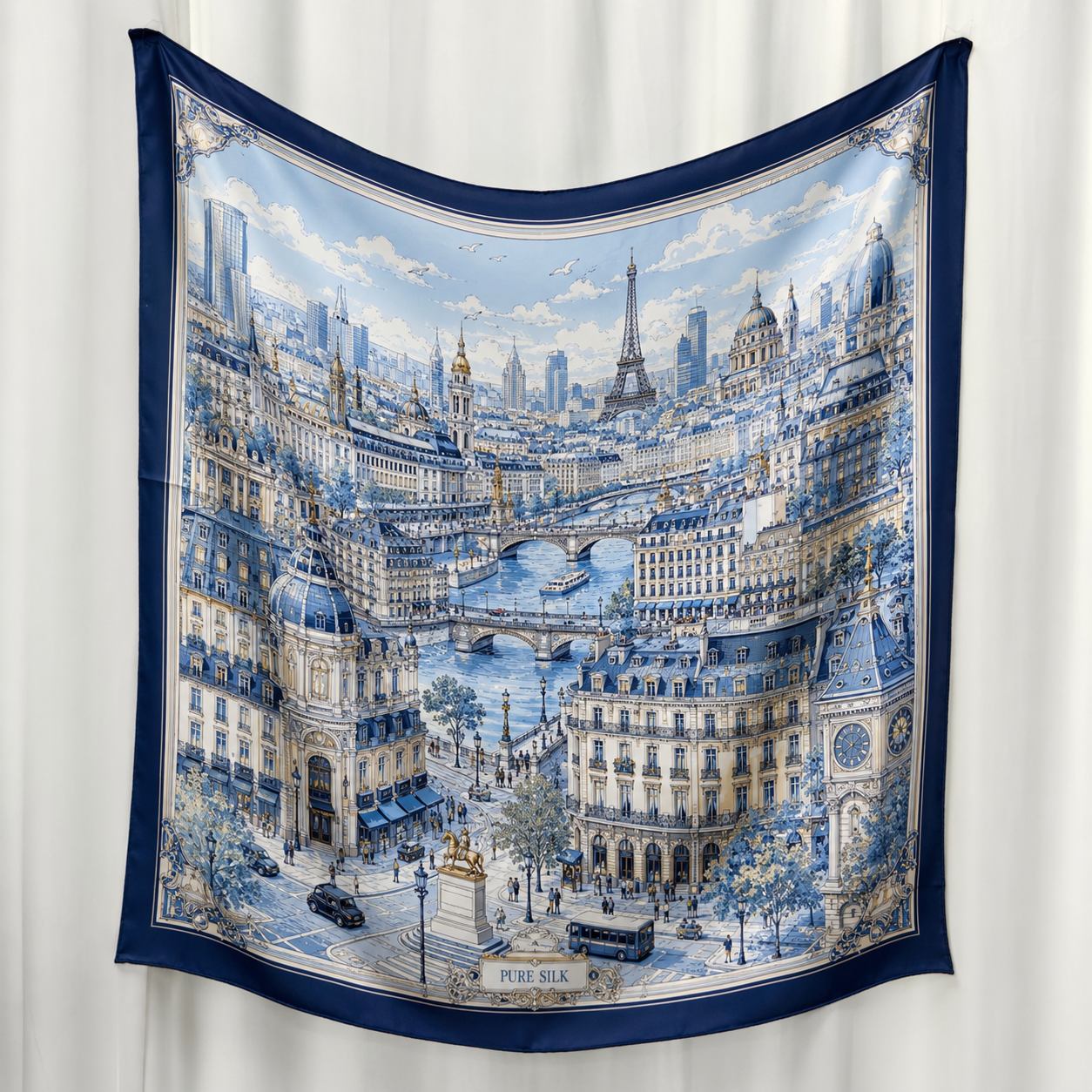 Black luxury printed silk scarf showing satin-like shine and premium scarf fabric presentation