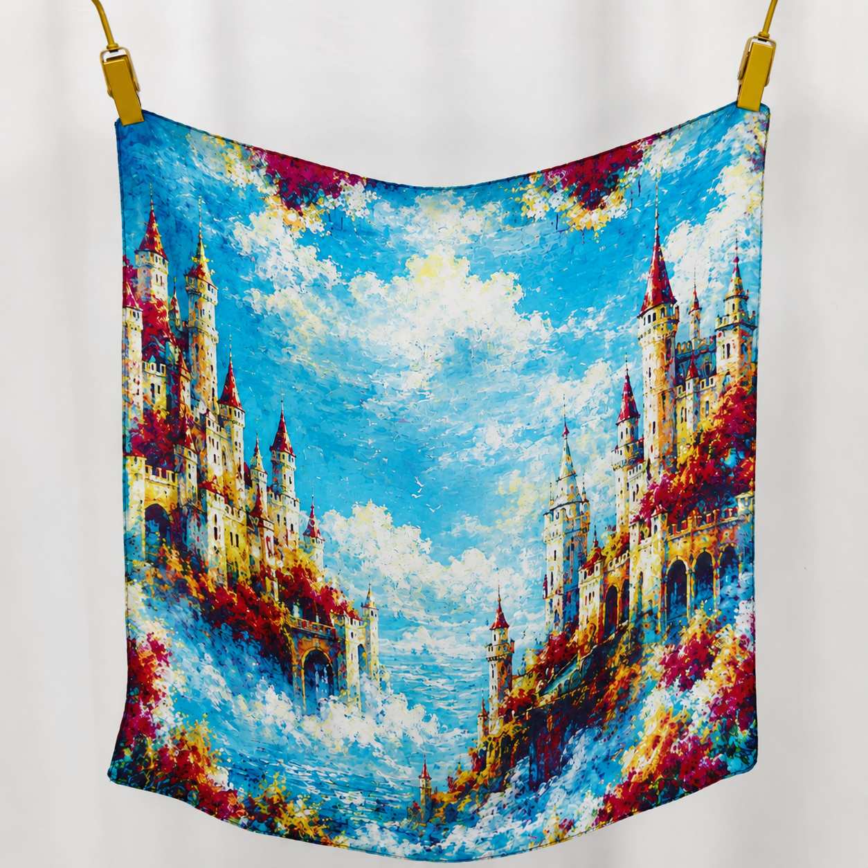 Custom 68 cm 100 percent mulberry silk scarf with regional culture inspired artwork
