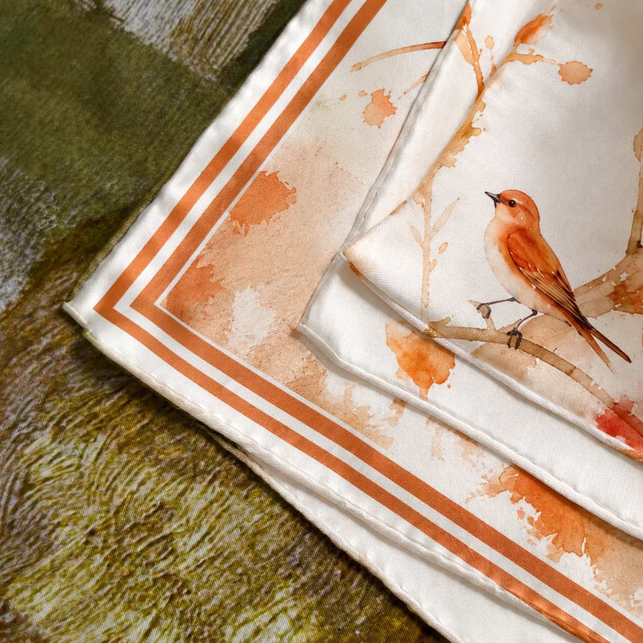 Custom design printed silk twill scarf with brand artwork and border layout