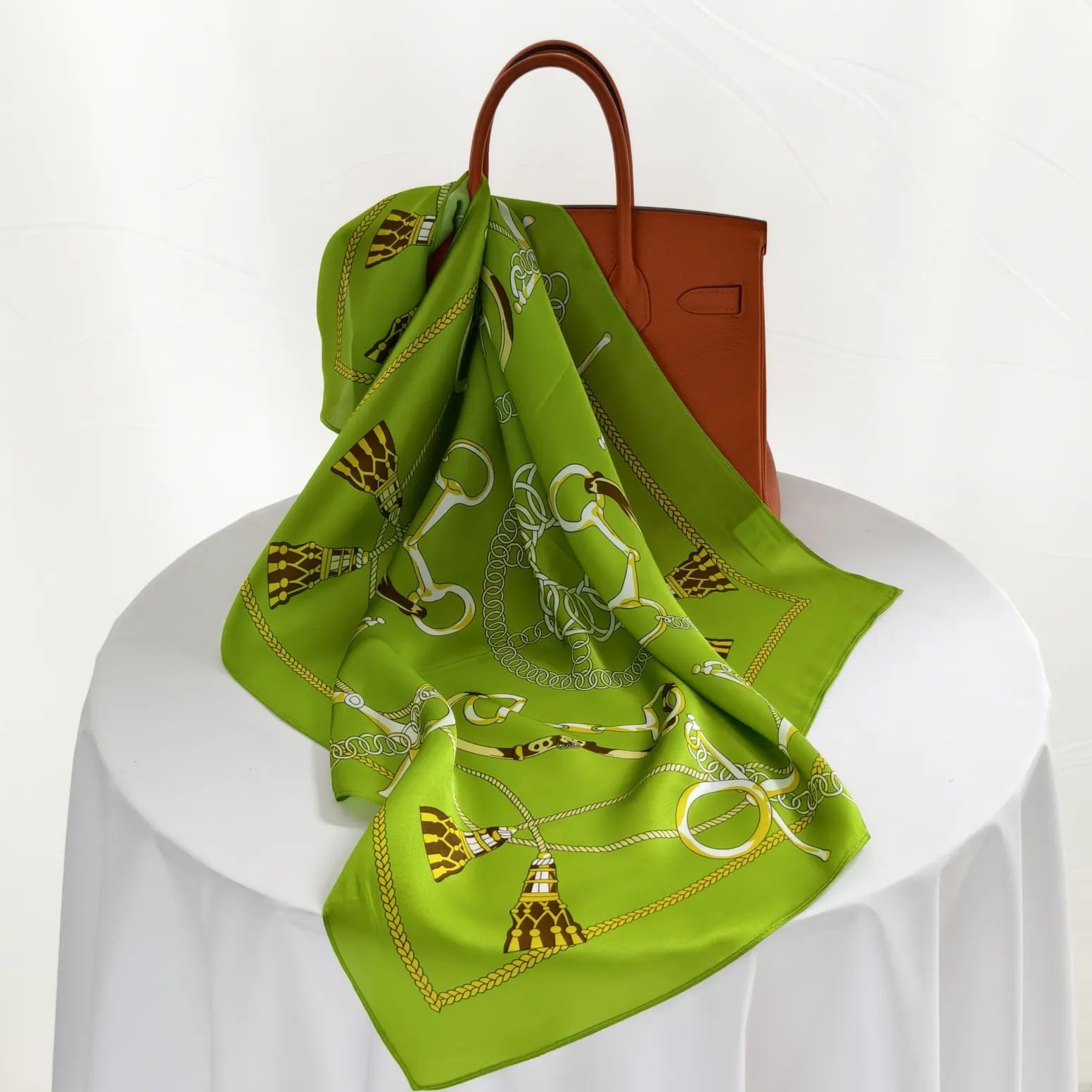 Green custom mulberry silk scarf for women styled with elegant print and soft drape