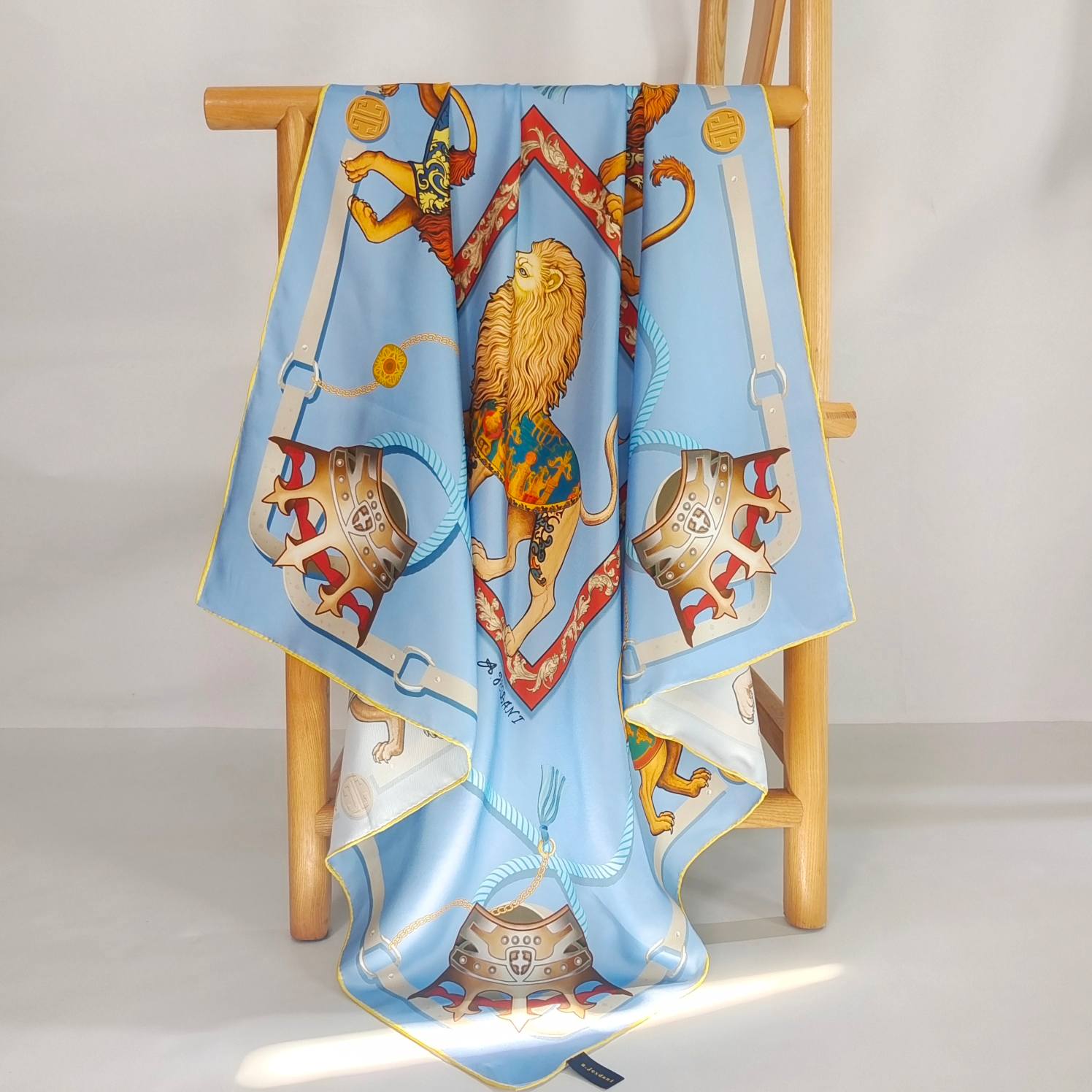 Blue custom lion pattern silk scarf showing double-sided print color and pattern planning