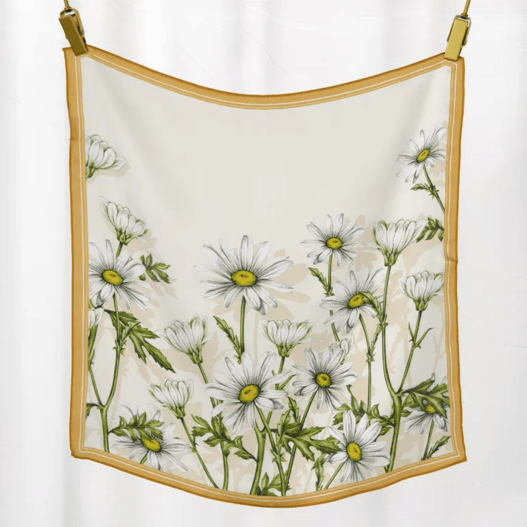 Custom printed white flower silk scarf showing detailed floral artwork