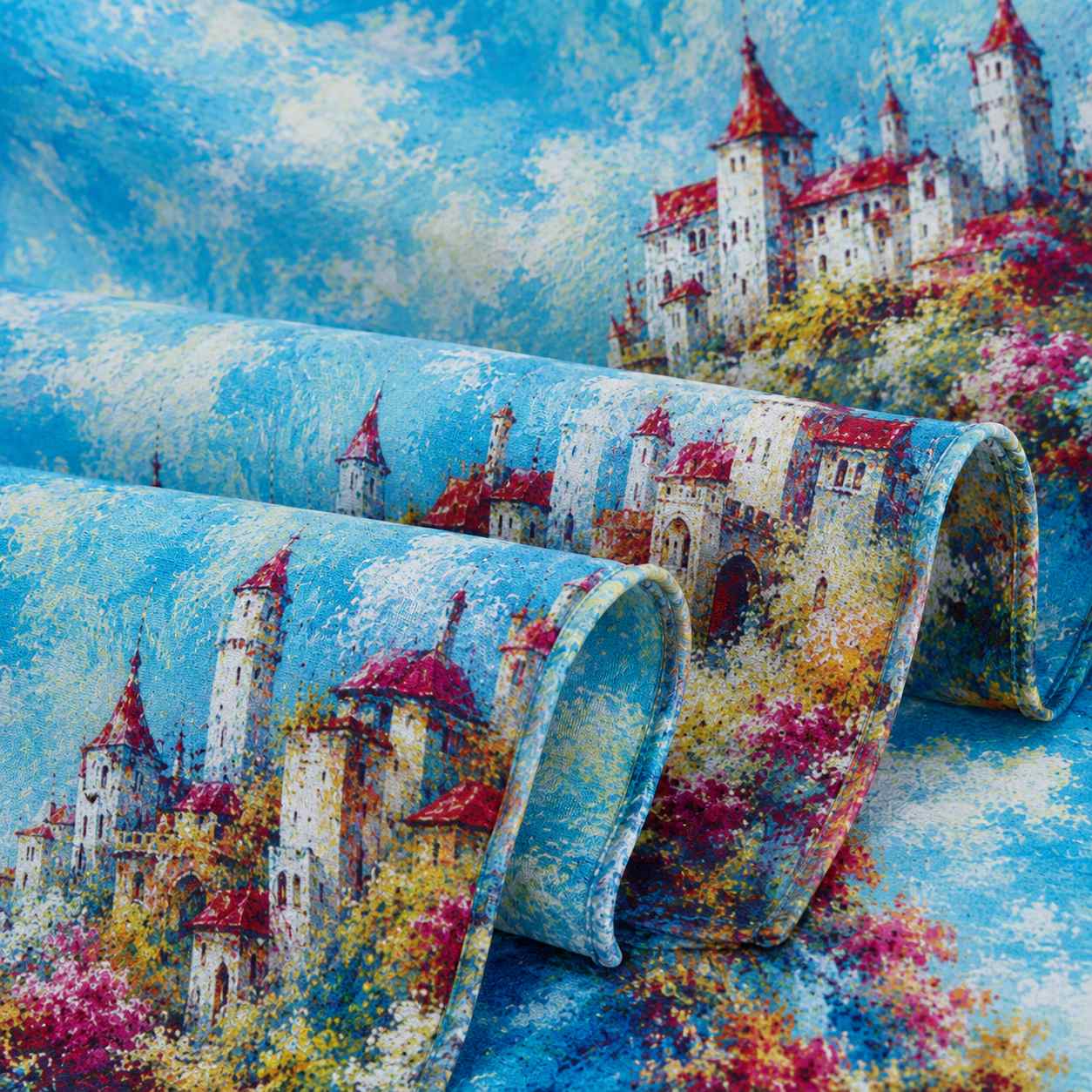 Custom silk scarf printed with blue seaside regional culture artwork