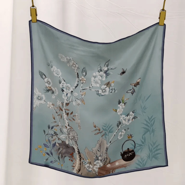 Custom printed silk scarves for women with colorful fashion artwork