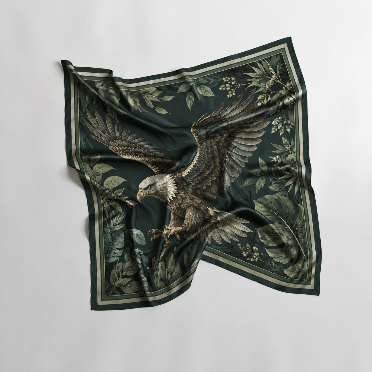 Dark green printed silk scarf with detailed motif showing how silk twill supports clear pattern definition