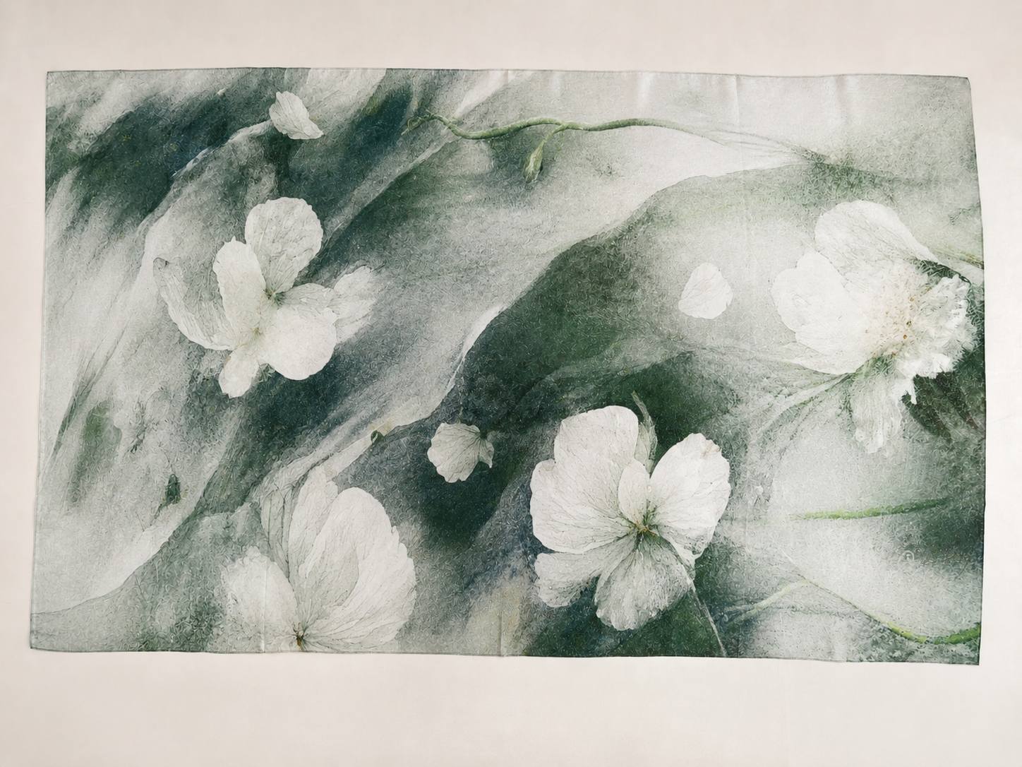 Elegant custom long silk scarf showing artwork scale and styling flexibility