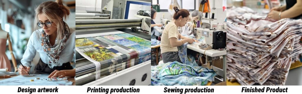 DOCSUN custom mulberry silk scarf process from artwork design, printing, sewing to finished product