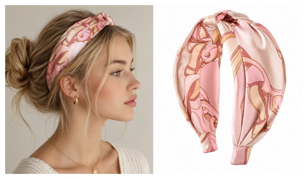Printed silk hair band styled as a custom headband for 2026 hair accessory trends