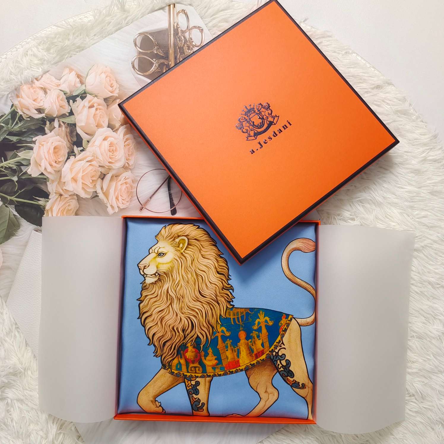 Lion pattern silk scarf with custom packaging box for premium gift presentation