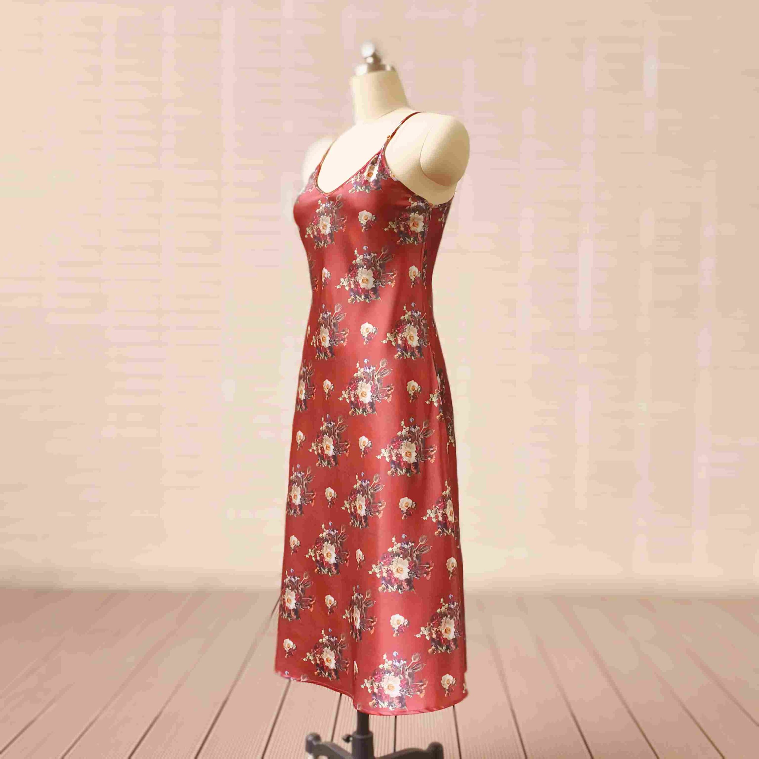 Luxury mulberry silk dress showing custom apparel manufacturing details