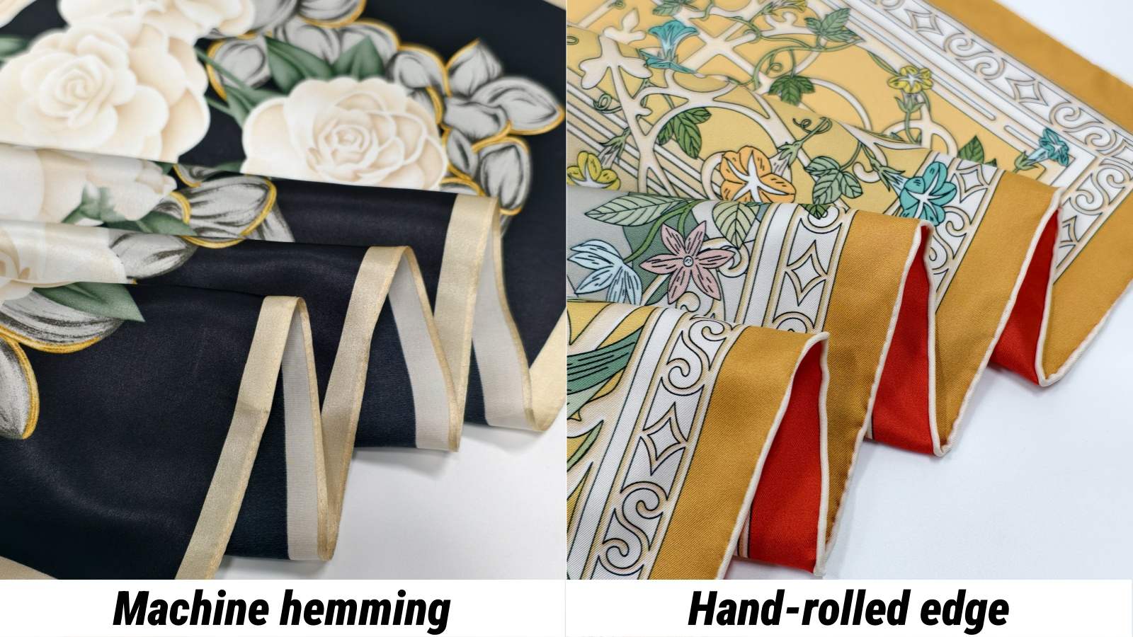 Side-by-side comparison of machine hemming and a hand-rolled edge on silk scarves