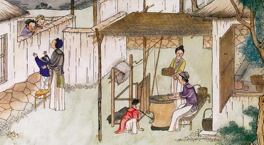 An illustration of an ancient scene depicting people boiling silkworm cocoons in a large outdoor pot to extract raw mulberry silk materials.