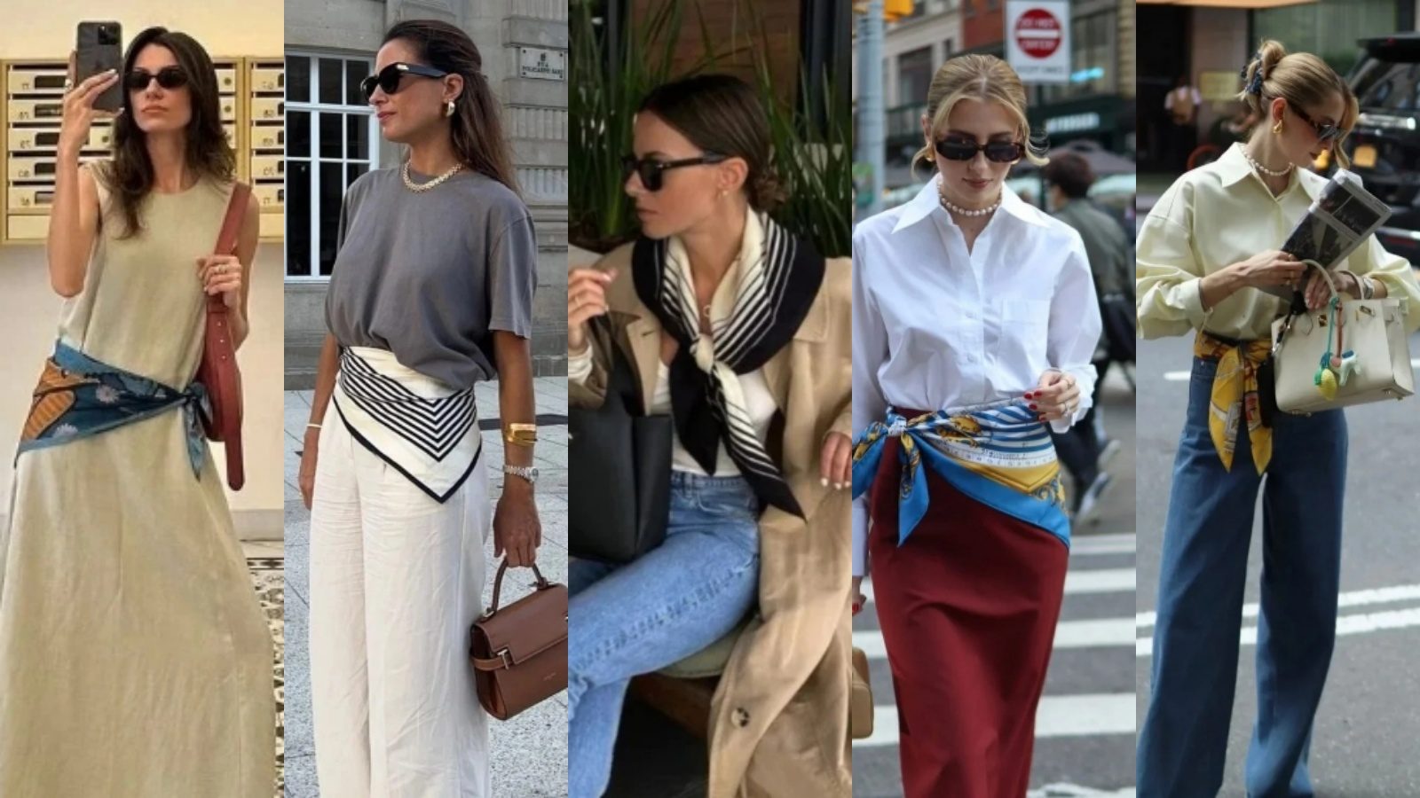 Women wearing custom silk scarves showing logo scarf styling and brand accessory applications