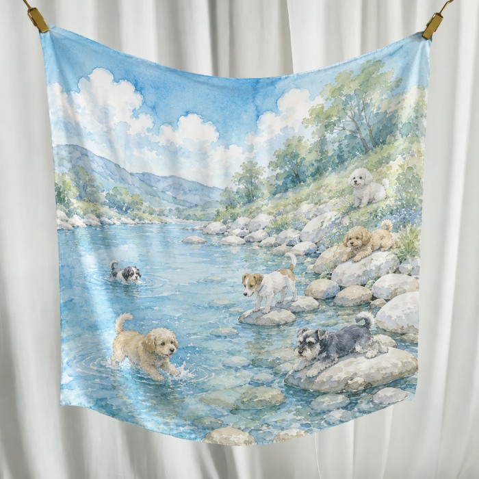 Sky blue silk scarf hanging display with a watercolor riverside dog illustration, featuring puppies, river water, stones, trees, and distant mountains.
