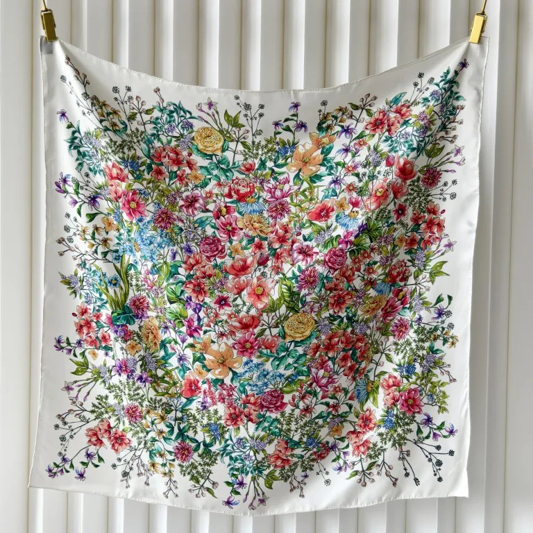 Printed mulberry silk scarf for women showing luxury color and artwork